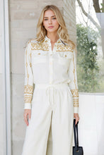 Load image into Gallery viewer, Linen Embroidered blouse 50029 - cream with gold aztec embroidery