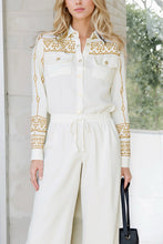 Load image into Gallery viewer, Linen Embroidered blouse 50029 - cream gold aztec close up